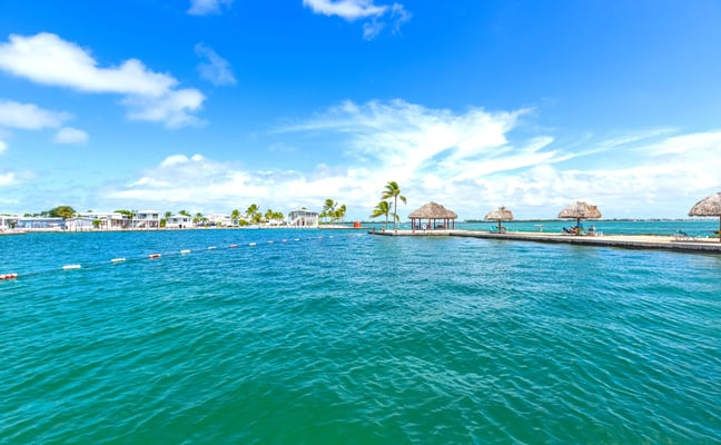 Venture Out swim lagoon with tiki huts, Cudjoe Key